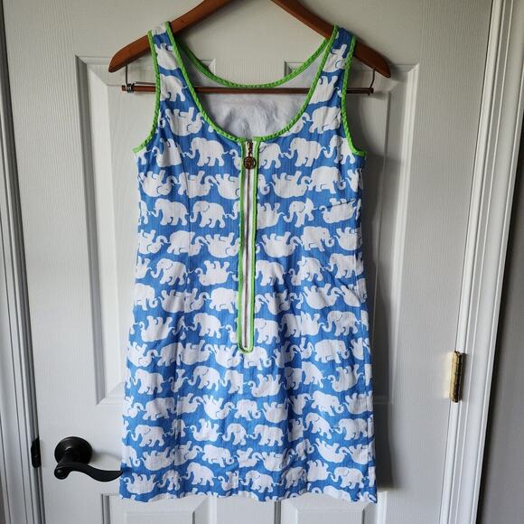 Lilly Pulitzer Size 2 Bay Blue Tusk In Sun Middle Cathy Shift Dress Elephants - Picture 4 of 7
